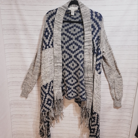 VINTAGE HAVANA TRIBAL FRINGE DUSTER NAVY & GRAY, SZ LARGE - Picture 2 of 14